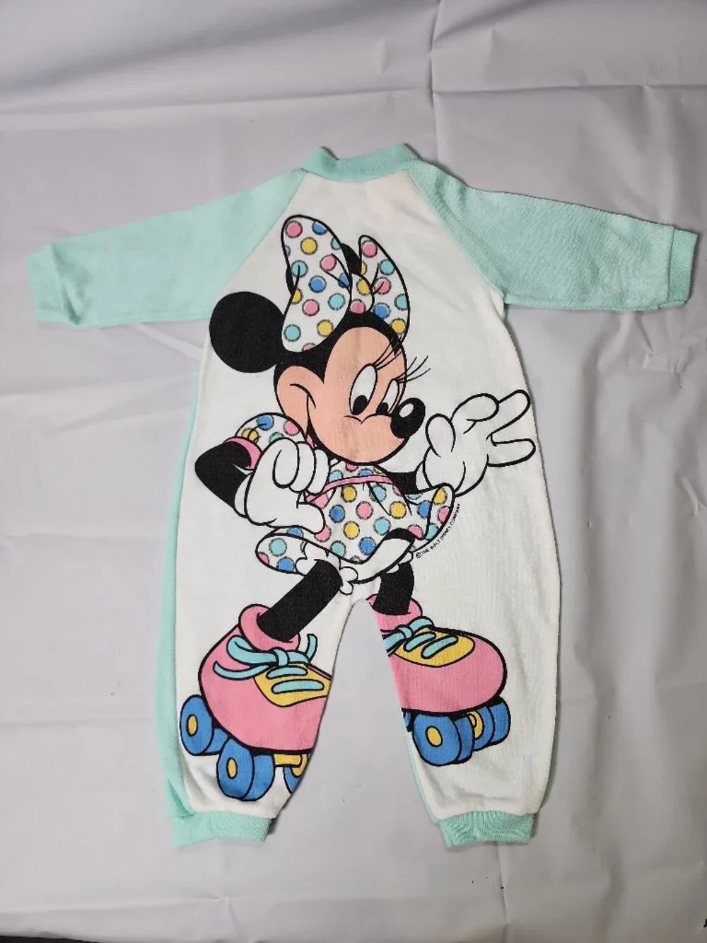 Disney Jog Togs Minnie Mouse Roller Skating Romper Mint Green Medium USA VTG